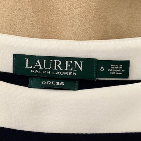 Ralph Lauren Color-block Navy and White Pull-on Ruched Dress, Size 8 - Picture 4 of 7